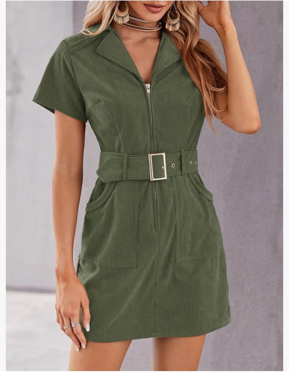 Belted Army Green Corduroy Zip-Front Mini Dress